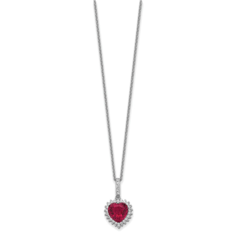 Sterling Silver Cheryl M Rhodium-Plated 100 Facet Lab Created Ruby And Brilliant-Cut White Cz Heart Halo 18 Inch Necklace