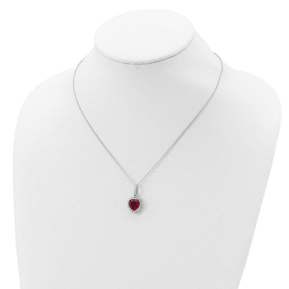 Sterling Silver Cheryl M Rhodium-Plated 100 Facet Lab Created Ruby And Brilliant-Cut White Cz Heart Halo 18 Inch Necklace