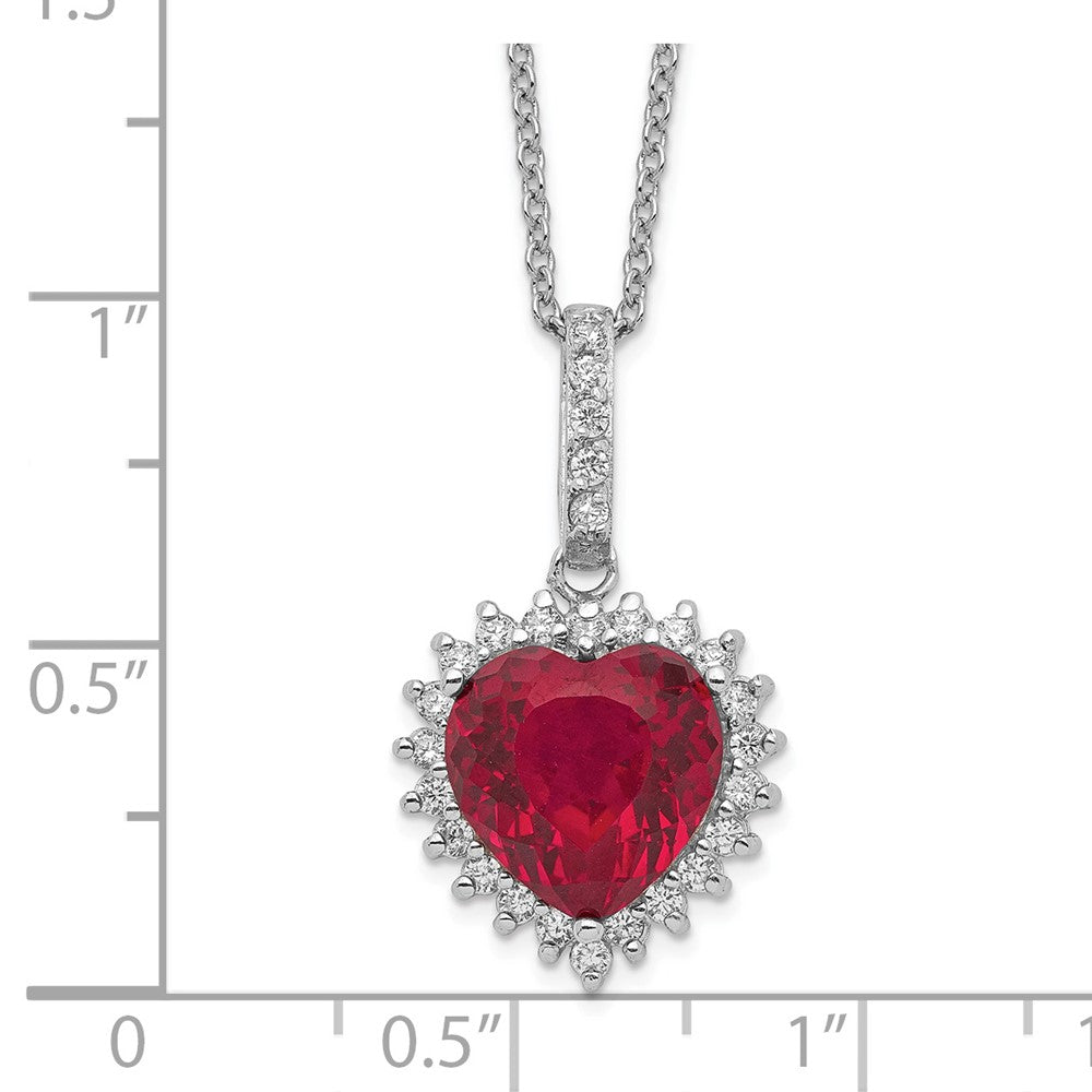 Sterling Silver Cheryl M Rhodium-Plated 100 Facet Lab Created Ruby And Brilliant-Cut White Cz Heart Halo 18 Inch Necklace