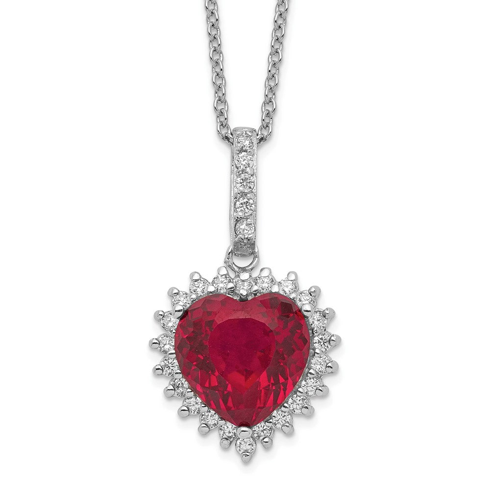 Sterling Silver Cheryl M Rhodium-Plated 100 Facet Lab Created Ruby And Brilliant-Cut White Cz Heart Halo 18 Inch Necklace