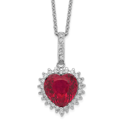 Sterling Silver Cheryl M Rhodium-Plated 100 Facet Lab Created Ruby And Brilliant-Cut White Cz Heart Halo 18 Inch Necklace