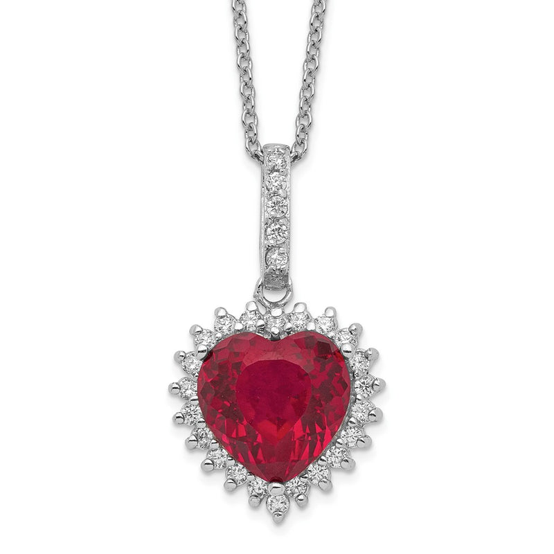 Sterling Silver Cheryl M Rhodium-Plated 100 Facet Lab Created Ruby And Brilliant-Cut White Cz Heart Halo 18 Inch Necklace