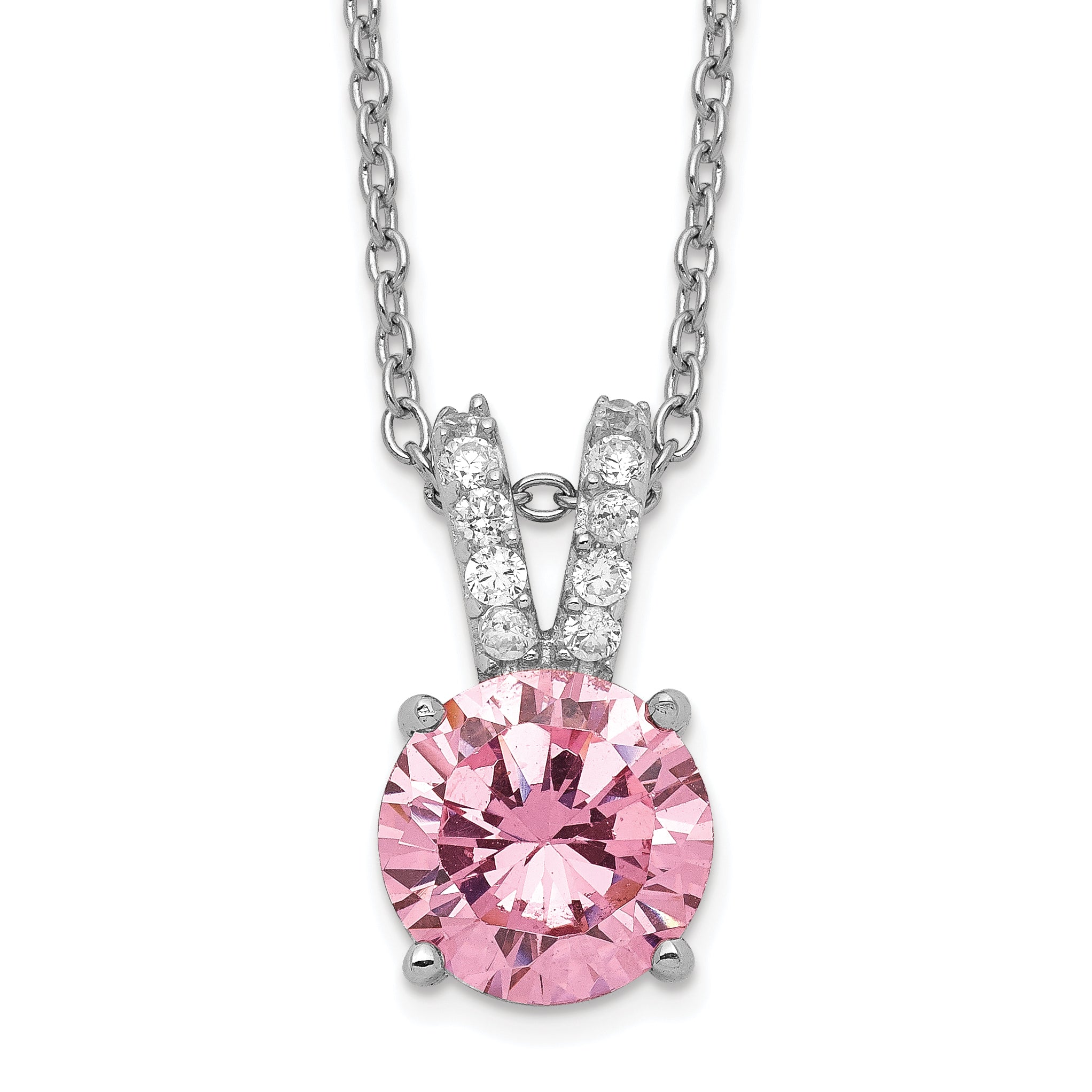 Sterling Silver Cheryl M Rhodium-Plated Pink And White Brilliant-Cut Cz Split Bail 18 Inch Necklace