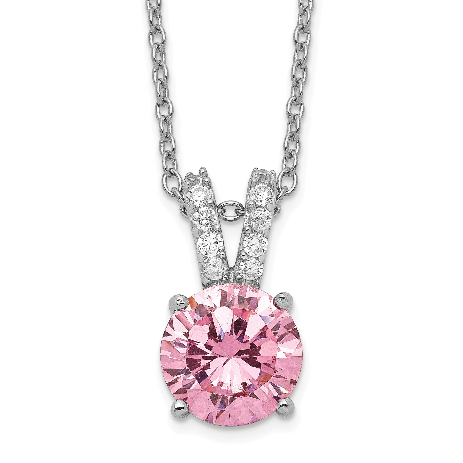 Sterling Silver Cheryl M Rhodium-Plated Pink And White Brilliant-Cut Cz Split Bail 18 Inch Necklace