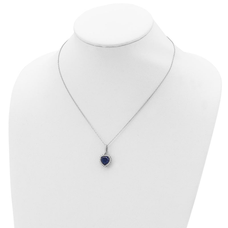 Sterling Silver Cheryl M Rhodium-Plated 100 Facet Lab Created Dark Blue Spinel And Brilliant-Cut White Cz Heart Halo 18 Inch Necklace