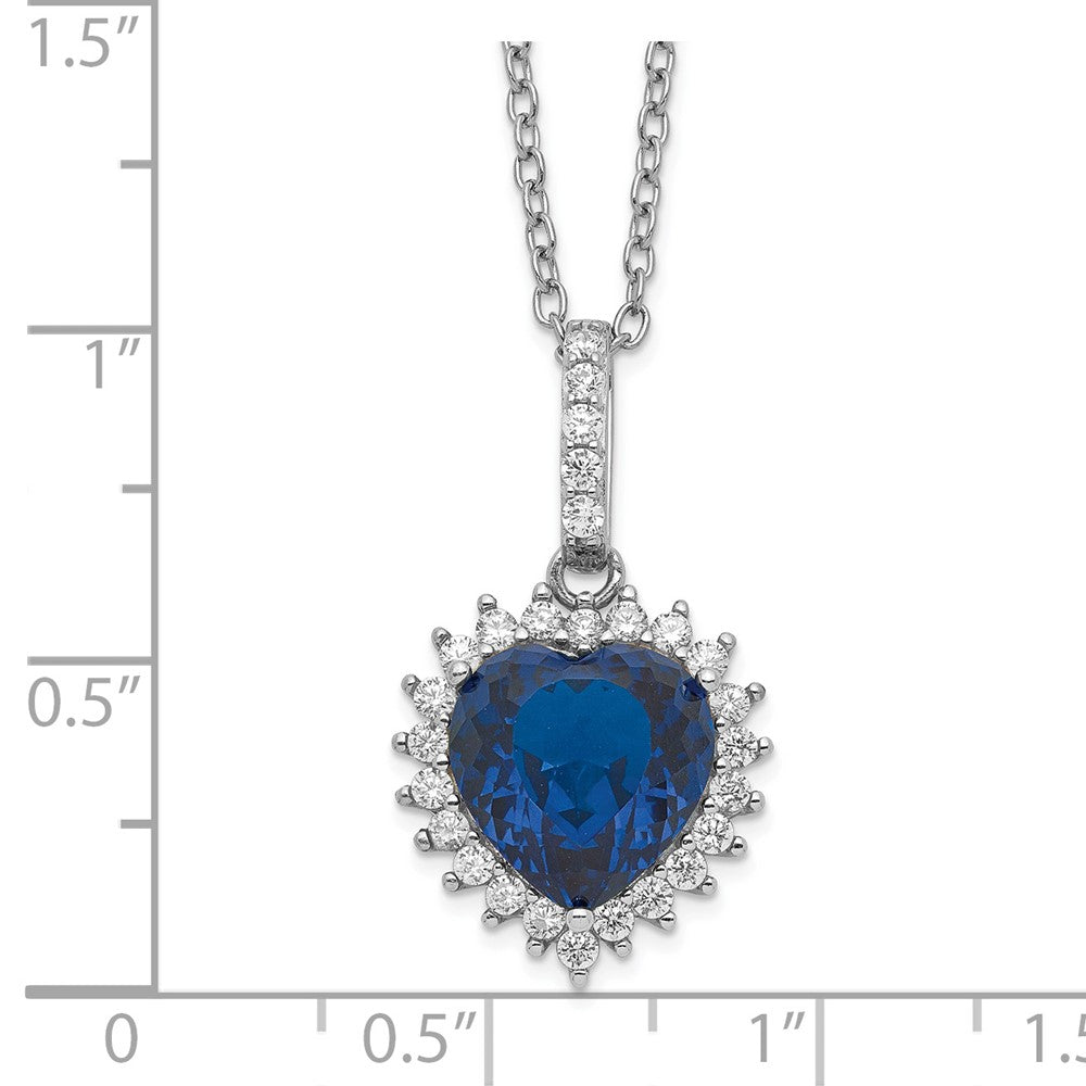Sterling Silver Cheryl M Rhodium-Plated 100 Facet Lab Created Dark Blue Spinel And Brilliant-Cut White Cz Heart Halo 18 Inch Necklace
