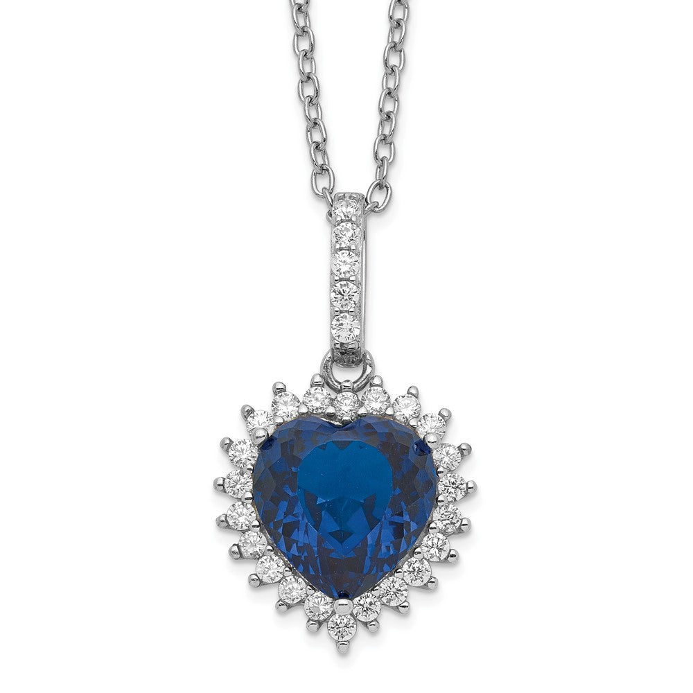 Sterling Silver Cheryl M Rhodium-Plated 100 Facet Lab Created Dark Blue Spinel And Brilliant-Cut White Cz Heart Halo 18 Inch Necklace