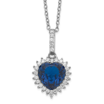 Sterling Silver Cheryl M Rhodium-Plated 100 Facet Lab Created Dark Blue Spinel And Brilliant-Cut White Cz Heart Halo 18 Inch Necklace