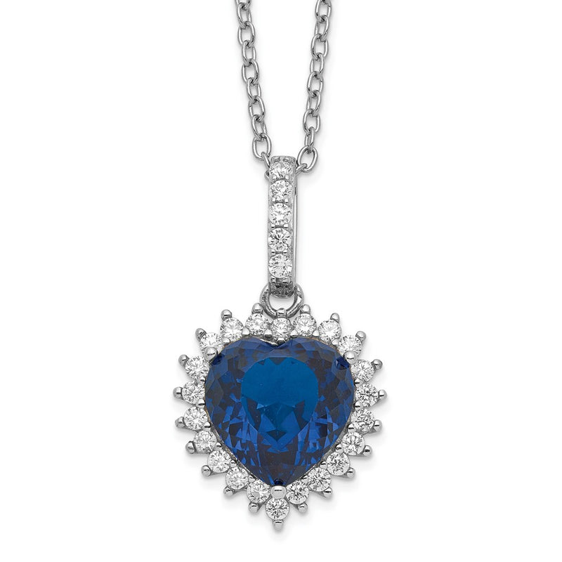 Sterling Silver Cheryl M Rhodium-Plated 100 Facet Lab Created Dark Blue Spinel And Brilliant-Cut White Cz Heart Halo 18 Inch Necklace