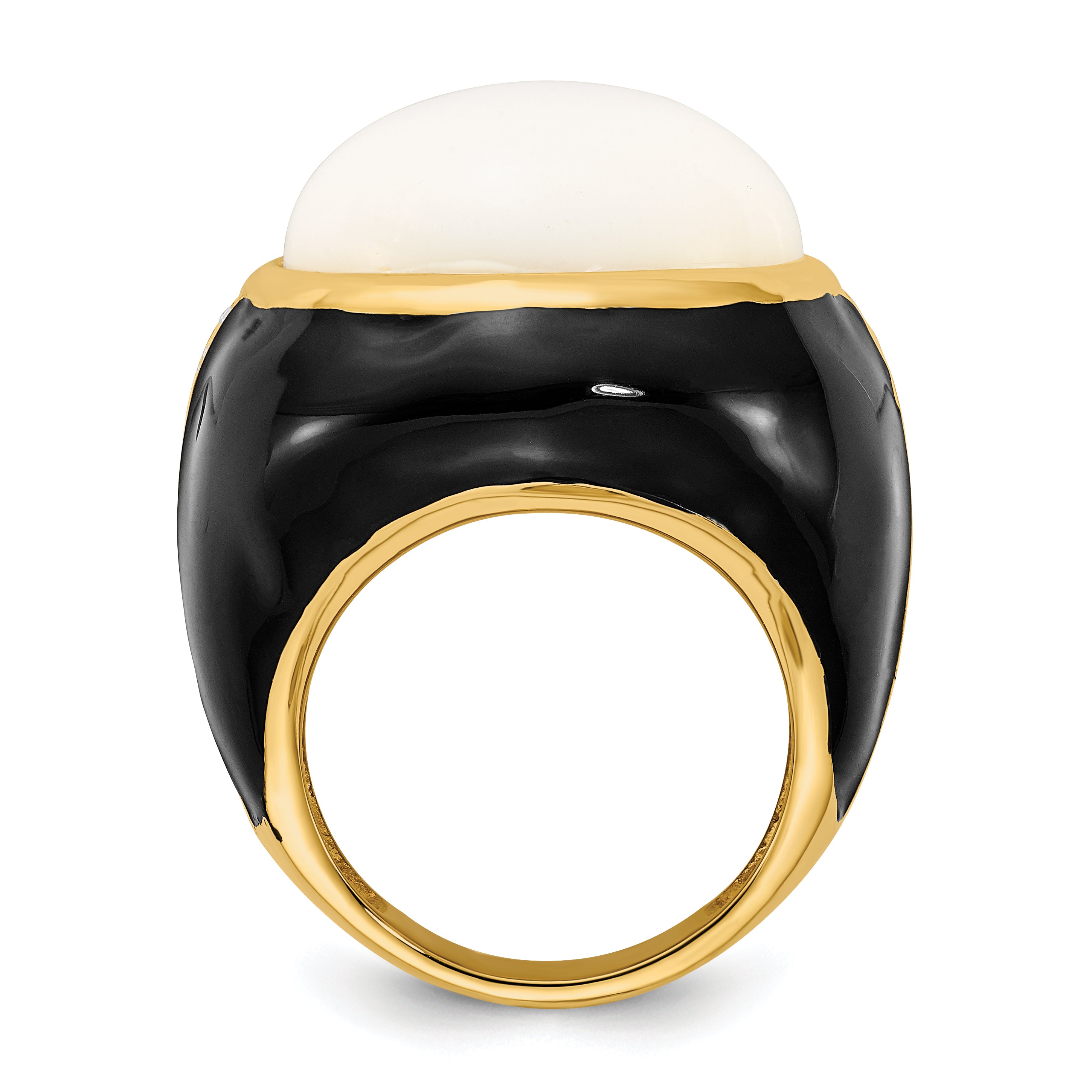 Sterling Silver Cheryl M Gold-Plated Black Enamel, Simulated White Agate & Cz Ring