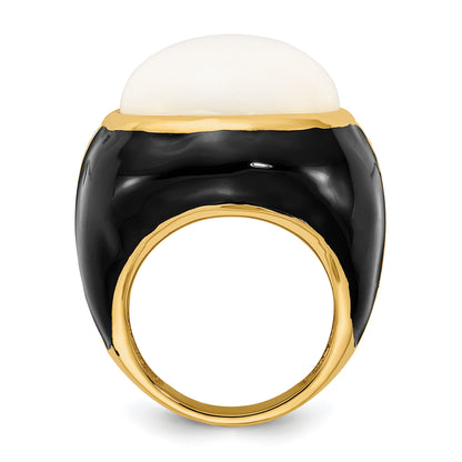 Sterling Silver Cheryl M Gold-Plated Black Enamel, Simulated White Agate & Cz Ring