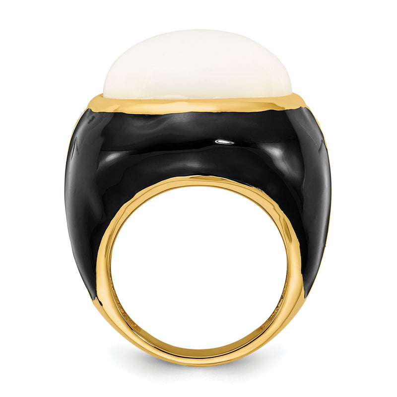 Sterling Silver Cheryl M Gold-Plated Black Enamel, Simulated White Agate & Cz Ring