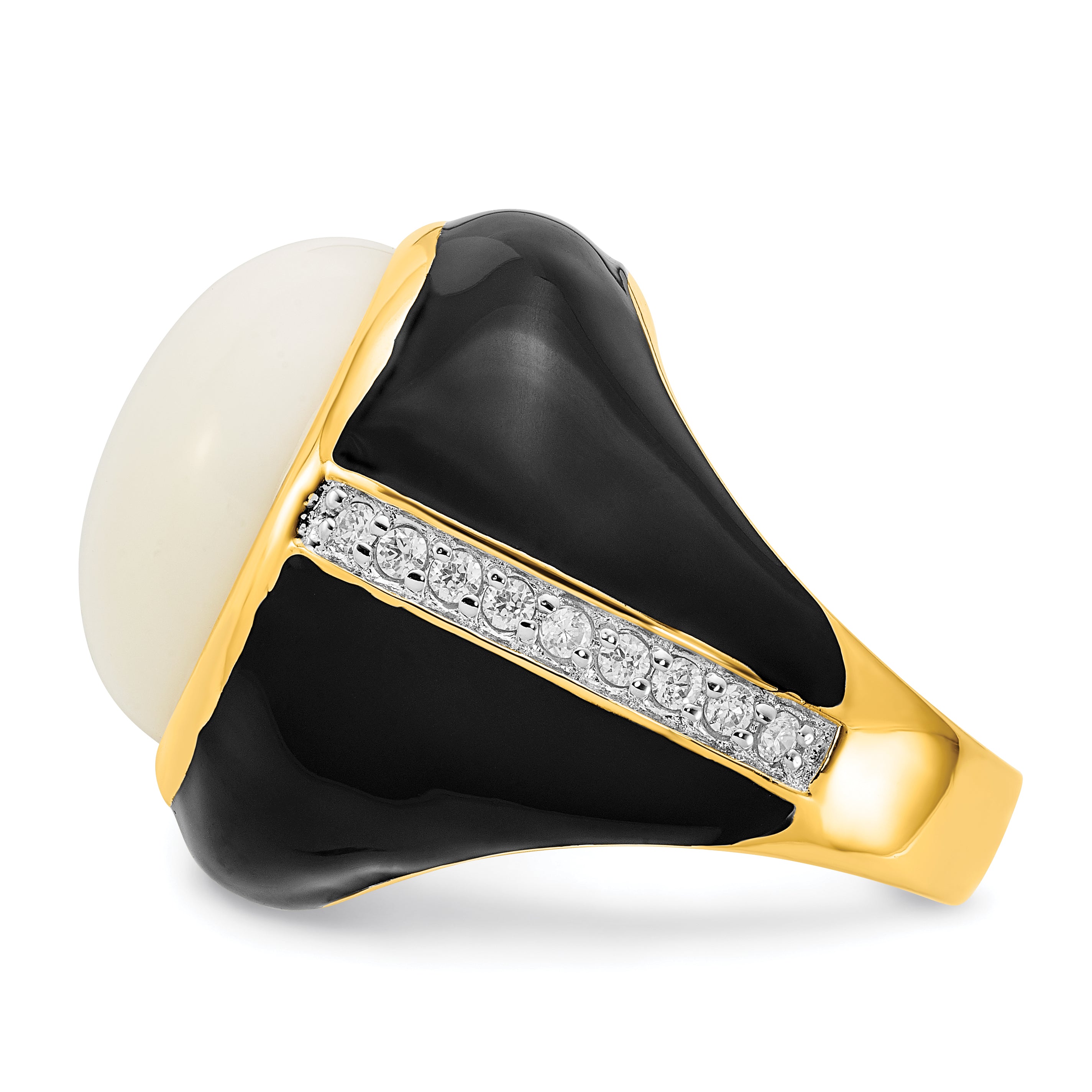 Sterling Silver Cheryl M Gold-Plated Black Enamel, Simulated White Agate & Cz Ring
