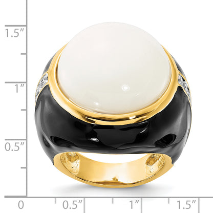 Sterling Silver Cheryl M Gold-Plated Black Enamel, Simulated White Agate & Cz Ring