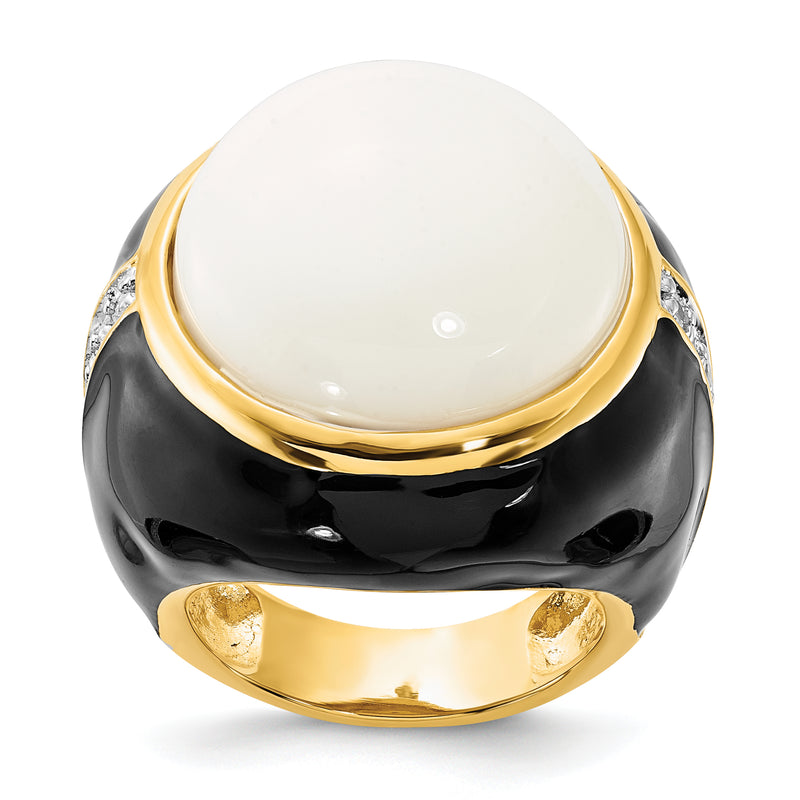 Sterling Silver Cheryl M Gold-Plated Black Enamel, Simulated White Agate & Cz Ring