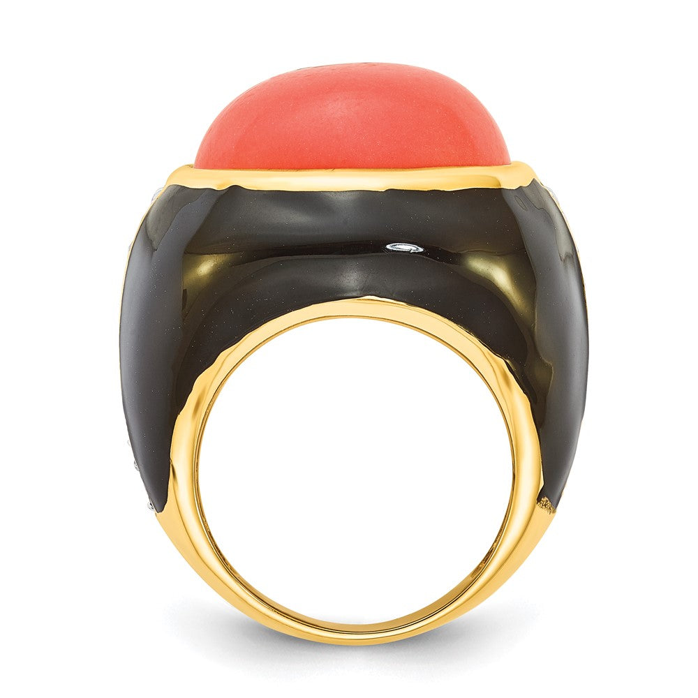 Sterling Silver Cheryl M Gold-Plated Black Enamel Simulated Red Coral & Cz Ring