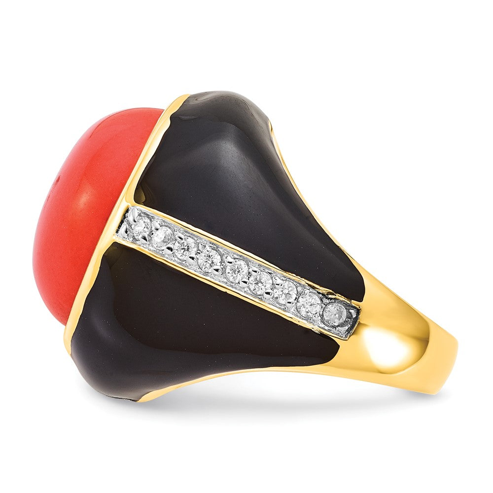 Sterling Silver Cheryl M Gold-Plated Black Enamel Simulated Red Coral & Cz Ring