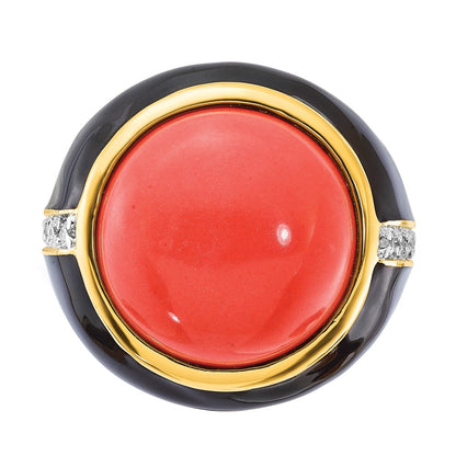 Sterling Silver Cheryl M Gold-Plated Black Enamel Simulated Red Coral & Cz Ring