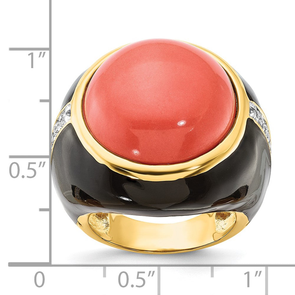 Sterling Silver Cheryl M Gold-Plated Black Enamel Simulated Red Coral & Cz Ring
