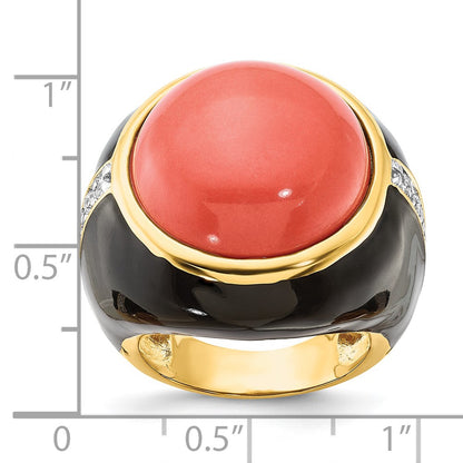 Sterling Silver Cheryl M Gold-Plated Black Enamel Simulated Red Coral & Cz Ring