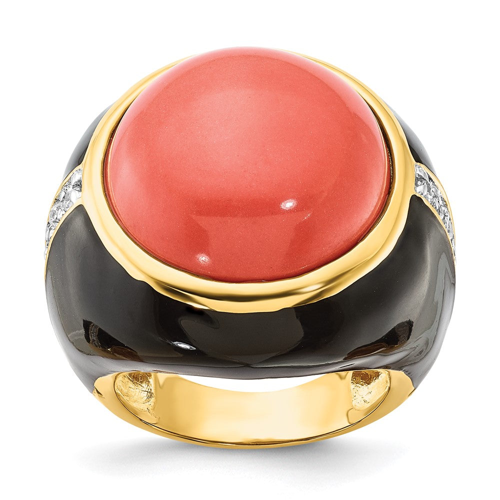Sterling Silver Cheryl M Gold-Plated Black Enamel Simulated Red Coral & Cz Ring