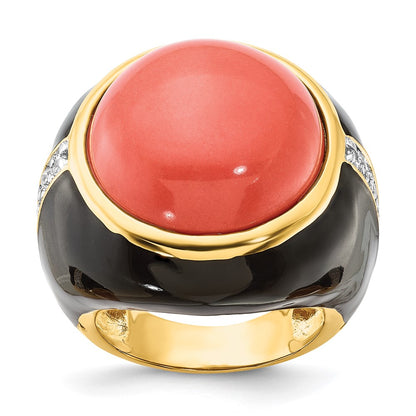Sterling Silver Cheryl M Gold-Plated Black Enamel Simulated Red Coral & Cz Ring