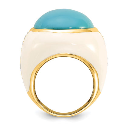 Sterling Silver Gold-Plated White Enamel Sim. Turquoise & Cz Ring