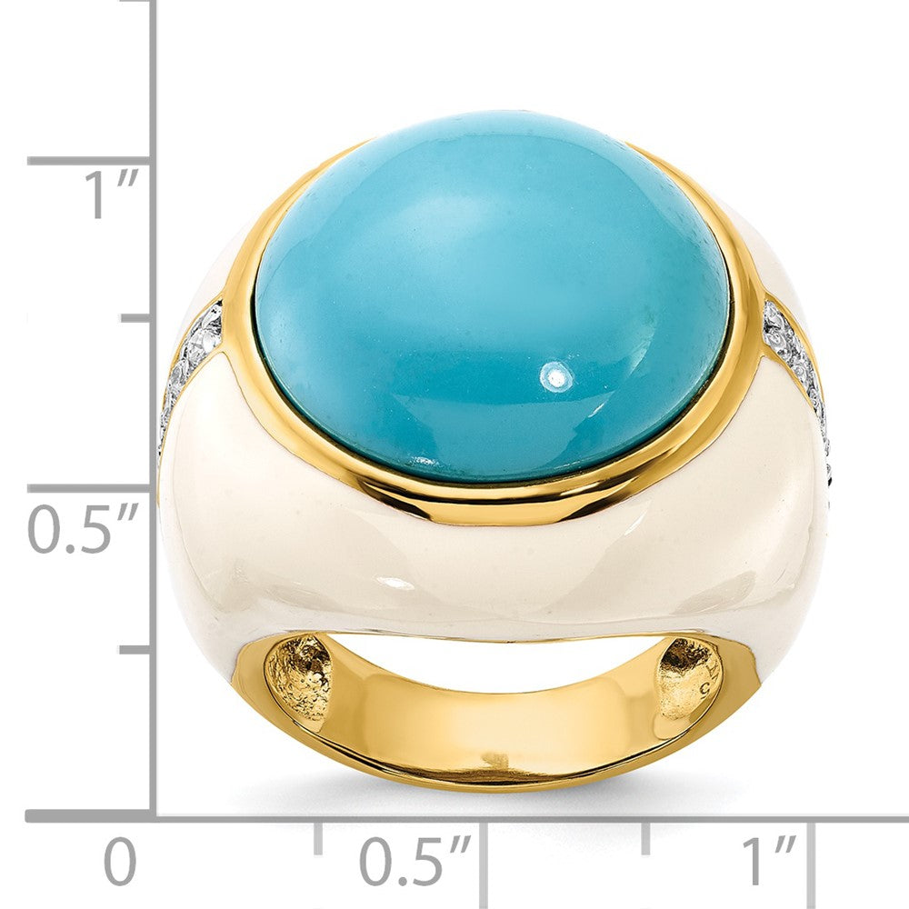 Sterling Silver Gold-Plated White Enamel Sim. Turquoise & Cz Ring