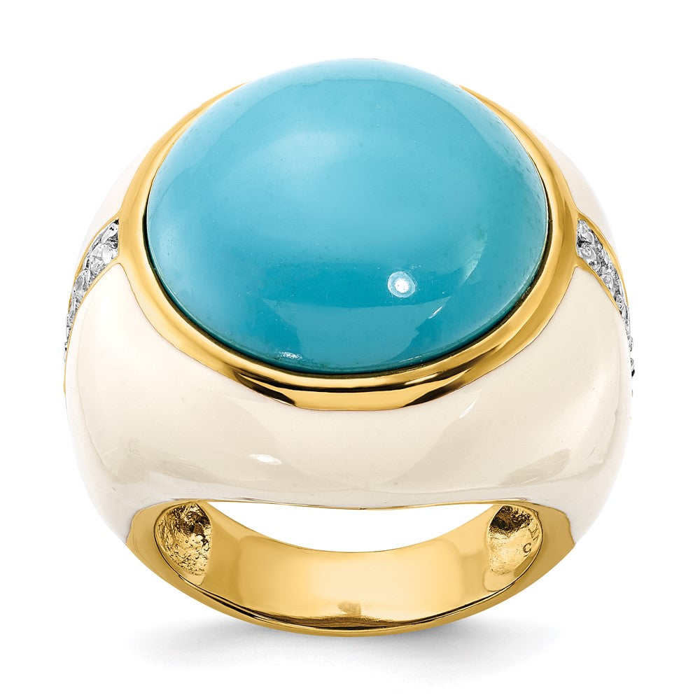 Sterling Silver Gold-Plated White Enamel Sim. Turquoise & Cz Ring