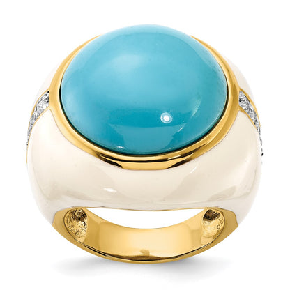 Sterling Silver Gold-Plated White Enamel Sim. Turquoise & Cz Ring