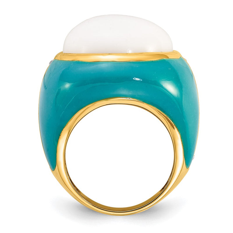Sterling Silver Gold-Plated Blue Enamel Cz & Simulated White Agate Ring