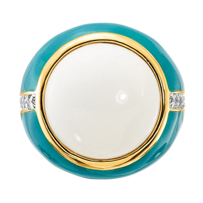 Sterling Silver Gold-Plated Blue Enamel Cz & Simulated White Agate Ring