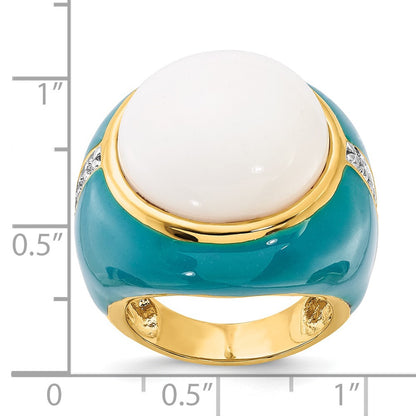 Sterling Silver Gold-Plated Blue Enamel Cz & Simulated White Agate Ring