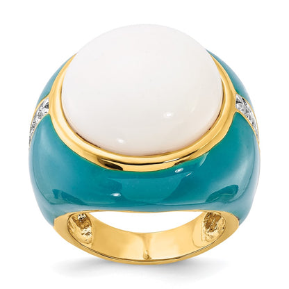 Sterling Silver Gold-Plated Blue Enamel Cz & Simulated White Agate Ring