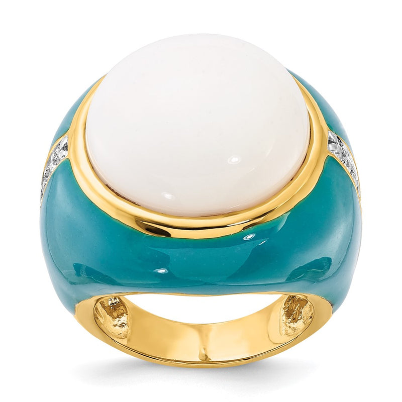 Sterling Silver Gold-Plated Blue Enamel Cz & Simulated White Agate Ring