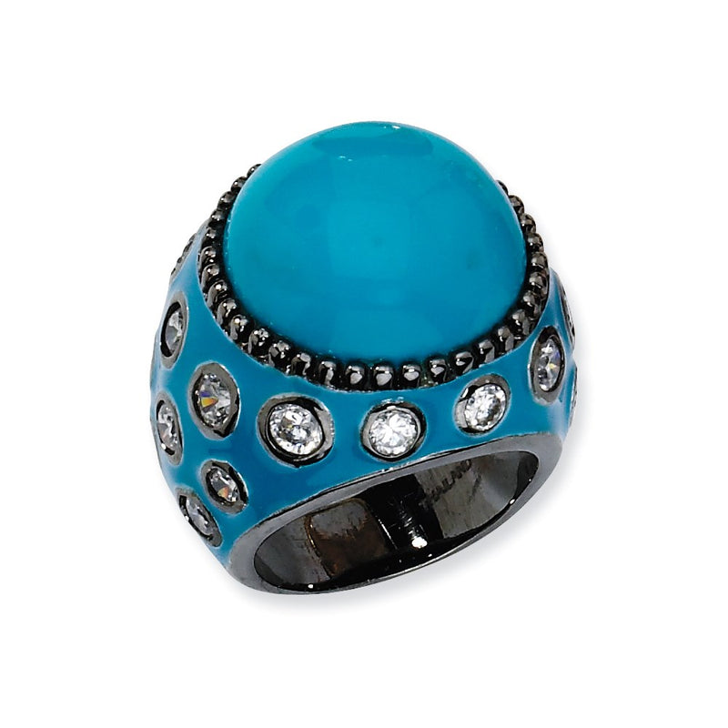 Sterling Silver Black-Plated Enameled Simulated Turquoise & Cz Ring