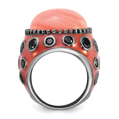 Sterling Silver Black-Plated & Enameled Simulated Red Coral Cz Ring