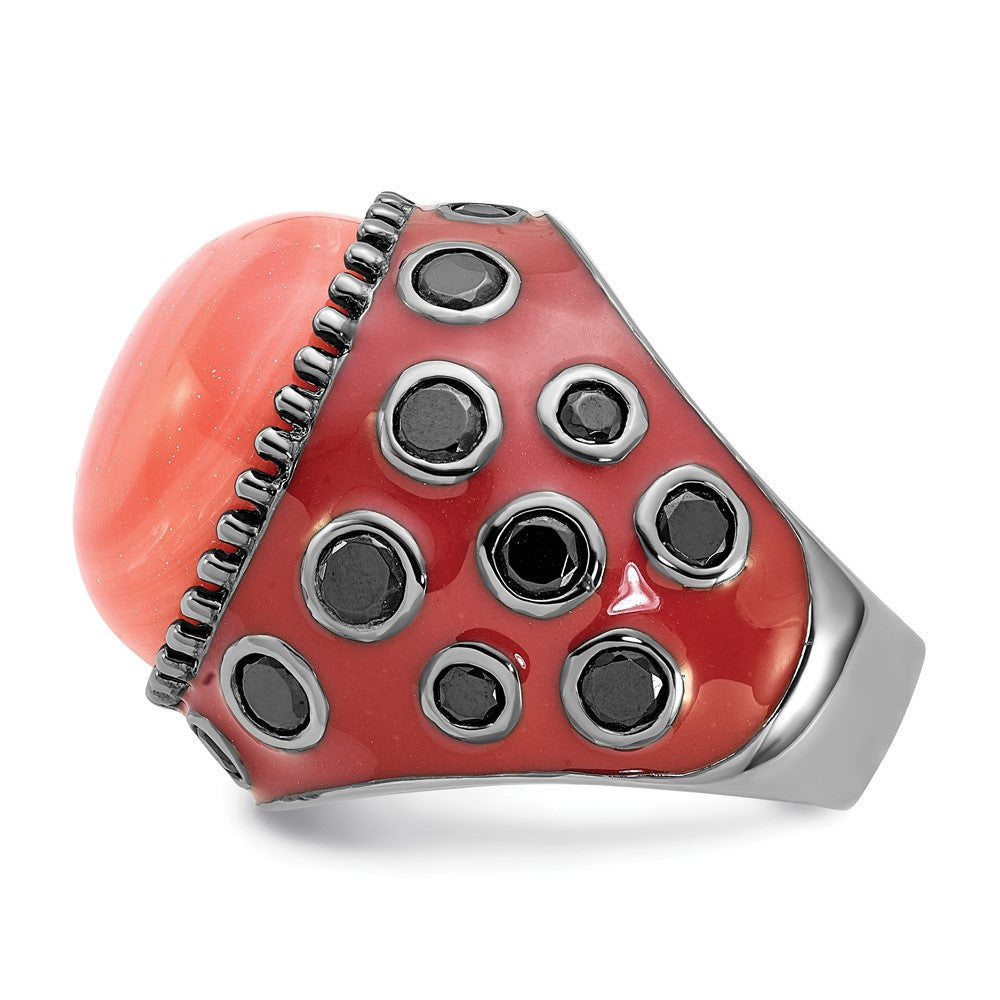 Sterling Silver Black-Plated & Enameled Simulated Red Coral Cz Ring