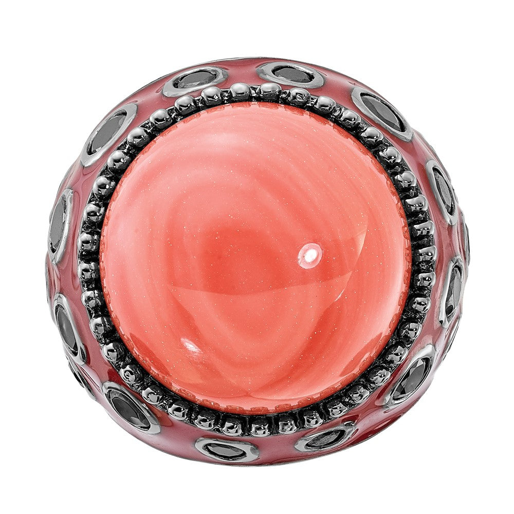 Sterling Silver Black-Plated & Enameled Simulated Red Coral Cz Ring