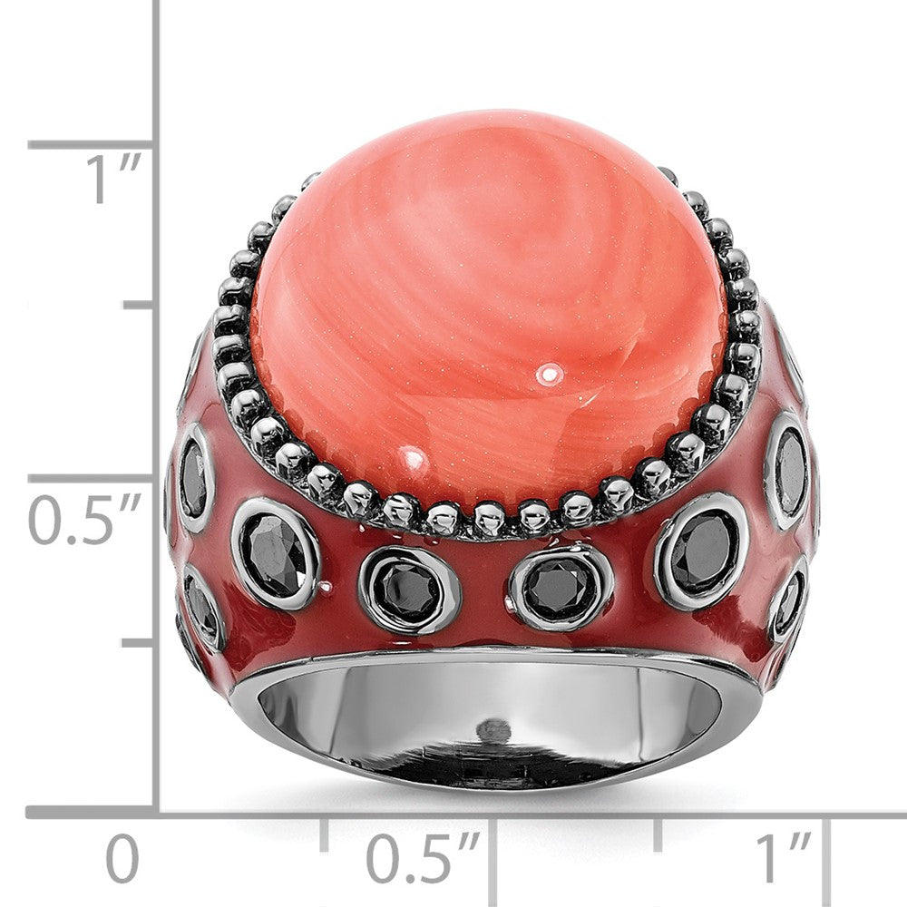 Sterling Silver Black-Plated & Enameled Simulated Red Coral Cz Ring