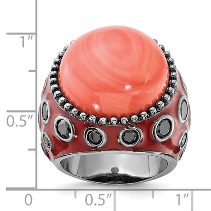 Sterling Silver Black-Plated & Enameled Simulated Red Coral Cz Ring