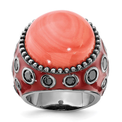 Sterling Silver Black-Plated & Enameled Simulated Red Coral Cz Ring