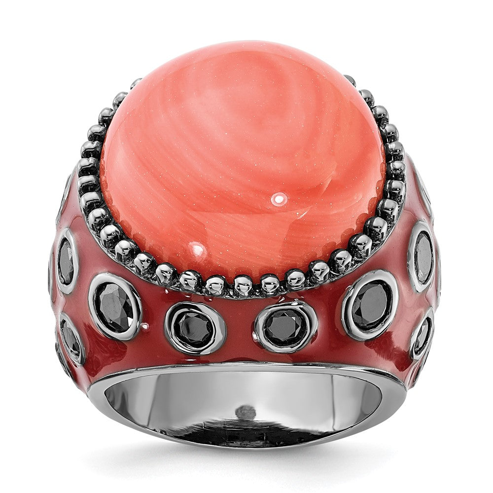 Sterling Silver Black-Plated & Enameled Simulated Red Coral Cz Ring