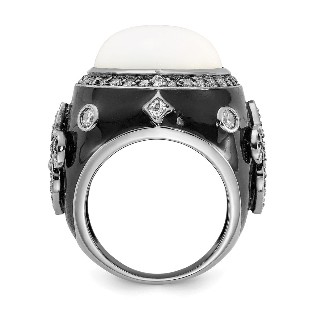 Sterling Silver Black Rhodium-Plated Enamel Simulated White Agate & Cz Fleur De Lis Ring