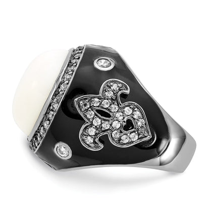 Sterling Silver Black Rhodium-Plated Enamel Simulated White Agate & Cz Fleur De Lis Ring
