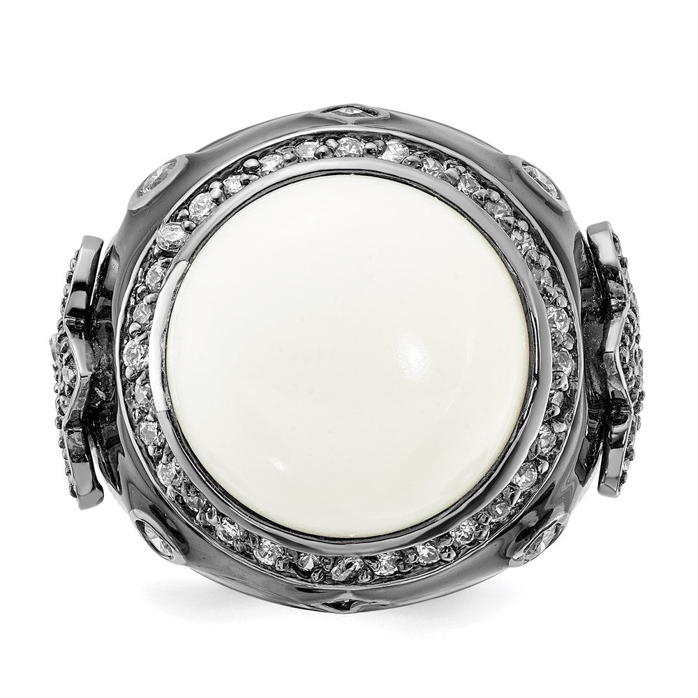 Sterling Silver Black Rhodium-Plated Enamel Simulated White Agate & Cz Fleur De Lis Ring