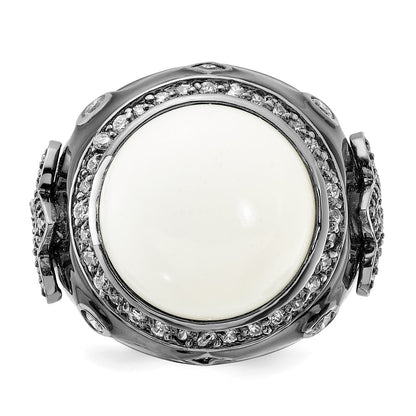 Sterling Silver Black Rhodium-Plated Enamel Simulated White Agate & Cz Fleur De Lis Ring