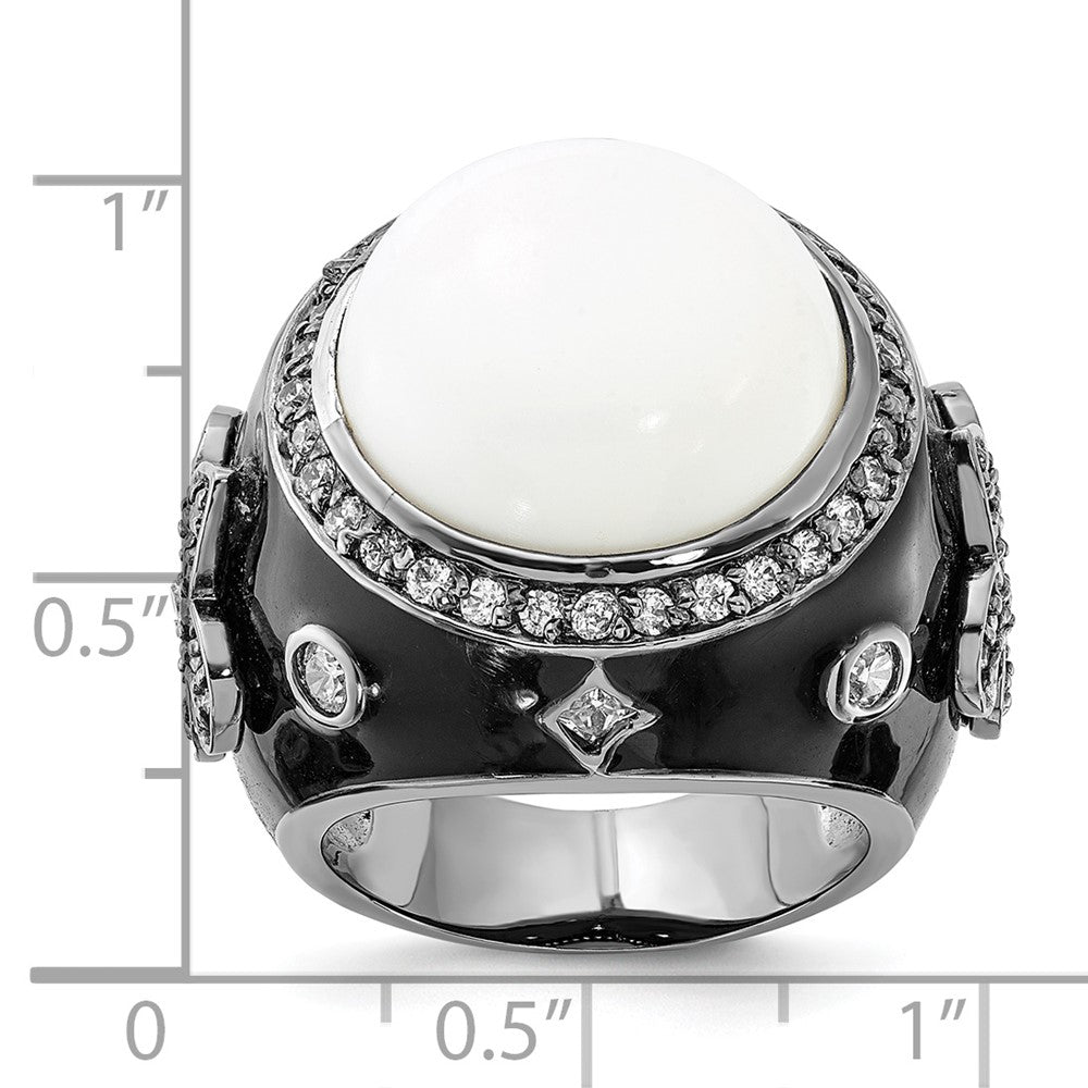 Sterling Silver Black Rhodium-Plated Enamel Simulated White Agate & Cz Fleur De Lis Ring