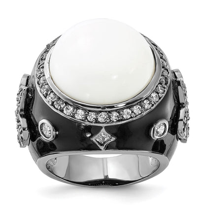 Sterling Silver Black Rhodium-Plated Enamel Simulated White Agate & Cz Fleur De Lis Ring