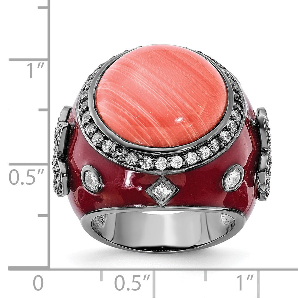 Sterling Silver Black Rhodium-Plated Red Enamel Simulated Coral & Cz Fleur De Lis Ring